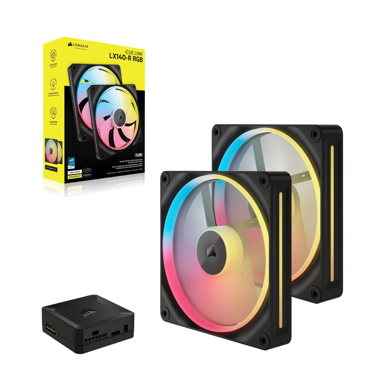 CORSAIR iCUE Link LX140-R RGB 140mm PWM Reverse Fans – Dual Fan Kit – Low-Noise, CORSAIR Magnetic Dome Bearing, Dual Light Loops, CORSAIR QuikTurn™ Screws, Zero RPM Mode – Black