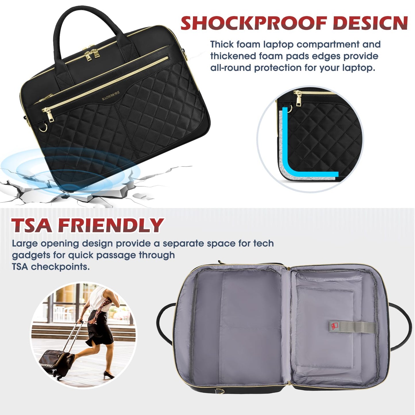 RAINSMORE Laptop Bags for Women 17 Inch Laptop Briefcase Waterproof Messenger Bag Large Computer Bag for Business Office Work College, Black