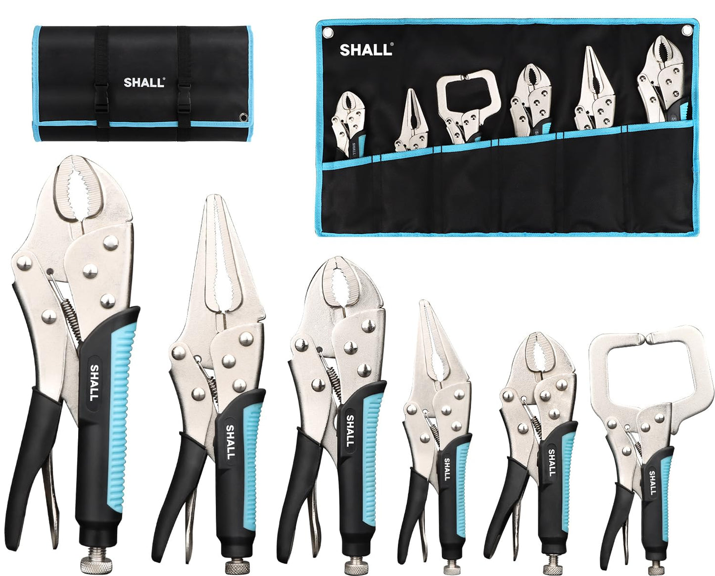 SHALL 6-Piece Locking Pliers, Vice Grips Pliers Set, 5",7" & 10" Curved Jaw, 6-1/2" & 9-1/2 Long Nose Locking Pliers, 6" Locking C-Clamp, Two-Color TPR Handle, Roll Up Pouch Included