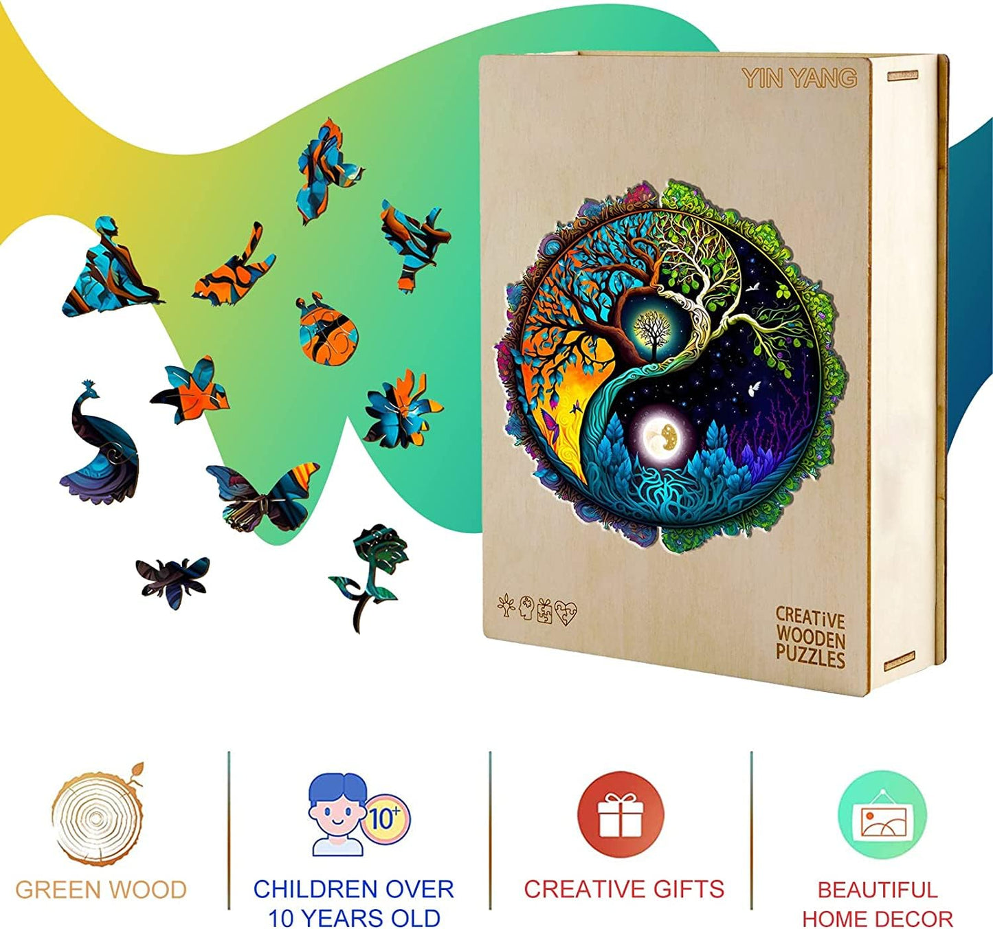 KAAYEE Wooden Puzzle for Adult, Wooden Jigsaw Puzzles,Unique Shape Advanced Yinyang Tree Puzzle Gift for Christmas Adult Family Game (11.8 * 11.8 in 200 Pcs)
