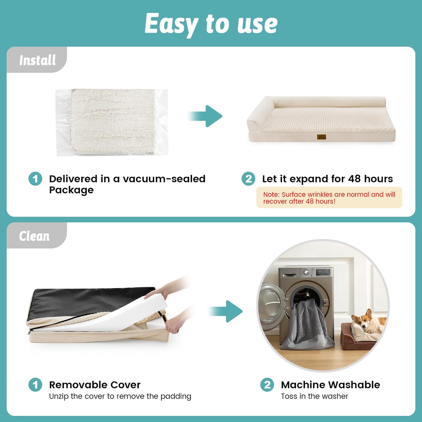 COZY KISS Orthopedic Dog Bed for Large Size Dog, XL Dogs Crate Bed, L Shaped Foam Anti-Slip Bottom Pet Cat Sofa with Washable Removable Cover, Suitable for Pet Up to 100 lbs, 44x32x7 inch, Beige