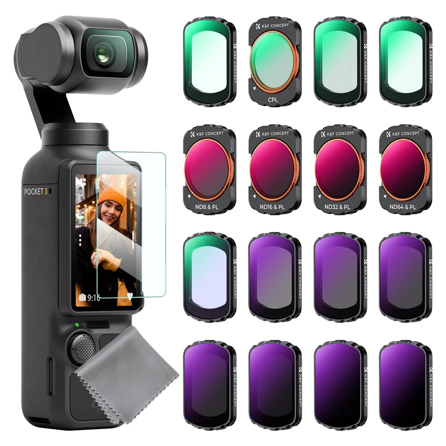 K&F Concept ND/PL, Effect Filter for DJI Osmo Pocket 3, 16Pack Black Diffusion 1/4 1/8 UV CPL ND32/PL ND16/PL ND8/PL ND64/PL ND8 ND16 ND32 ND64 ND128 ND256 ND1000, Light Pullution Reduction Filter