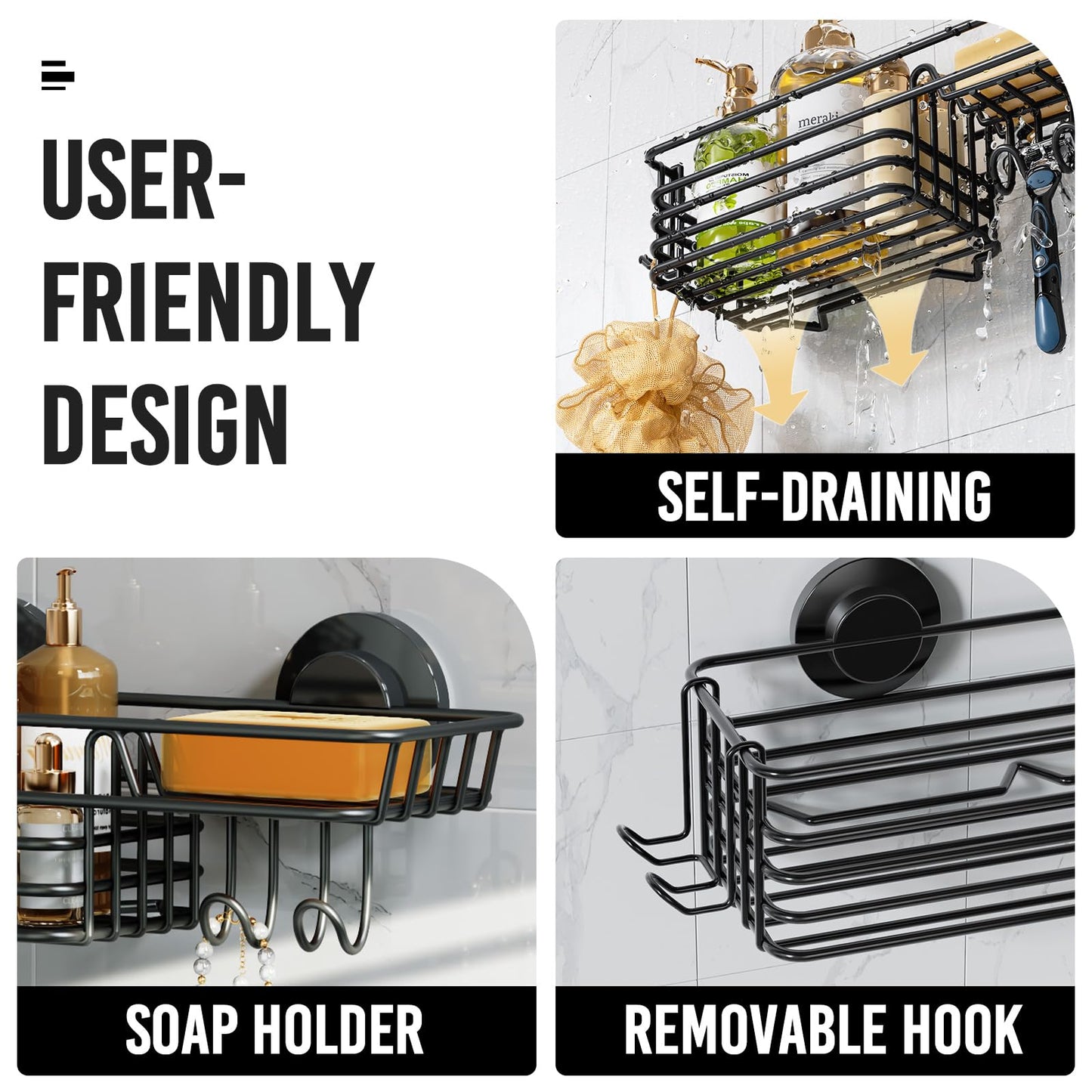 LEVERLOC Shower Caddy Suction Cup, Shower Shelf with Hooks and Soap Holder, NO-Drilling Bathroom Organizer, Rustproof Metal Bathroom Storage and Organization - Black