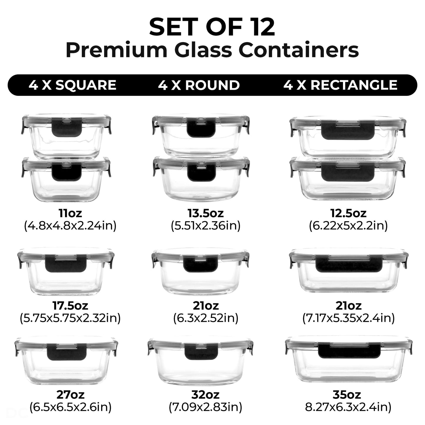Zulay Kitchen 12 Pack Glass Container Food Storage Set with Lids - Airtight, Premium Borosilicate Glass Meal Prep Containers - Lunch Tupperware Box - Microwave, Freezer & Oven Safe, BPA Free - Black