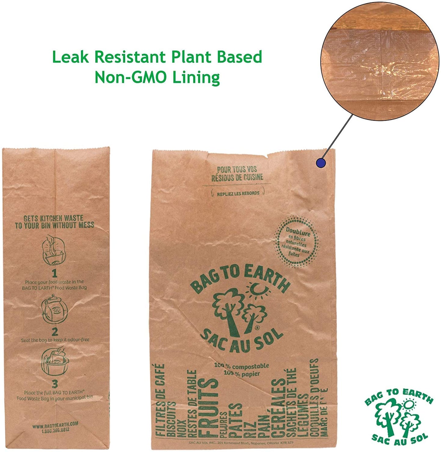 Bag to Earth - Kitchen Food Waste Bag - Compostable Bag - Leak Resistant -%100 Paper Cellulose Liner - Small - 30 Bags