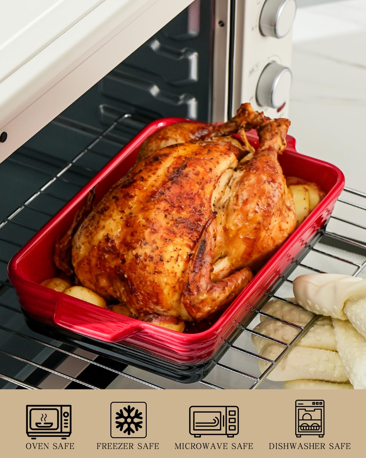 Casserole Dishes For Oven, Heat-Resistant Ceramic Bakeware Set Of 4 Rectangular Baking Dish Set With Handles For Lasagna, Cake, Pie, Dinner, Cooking, Ceramic Baking Dish, Red (9.4"/11.1"/12.2"/14.7")