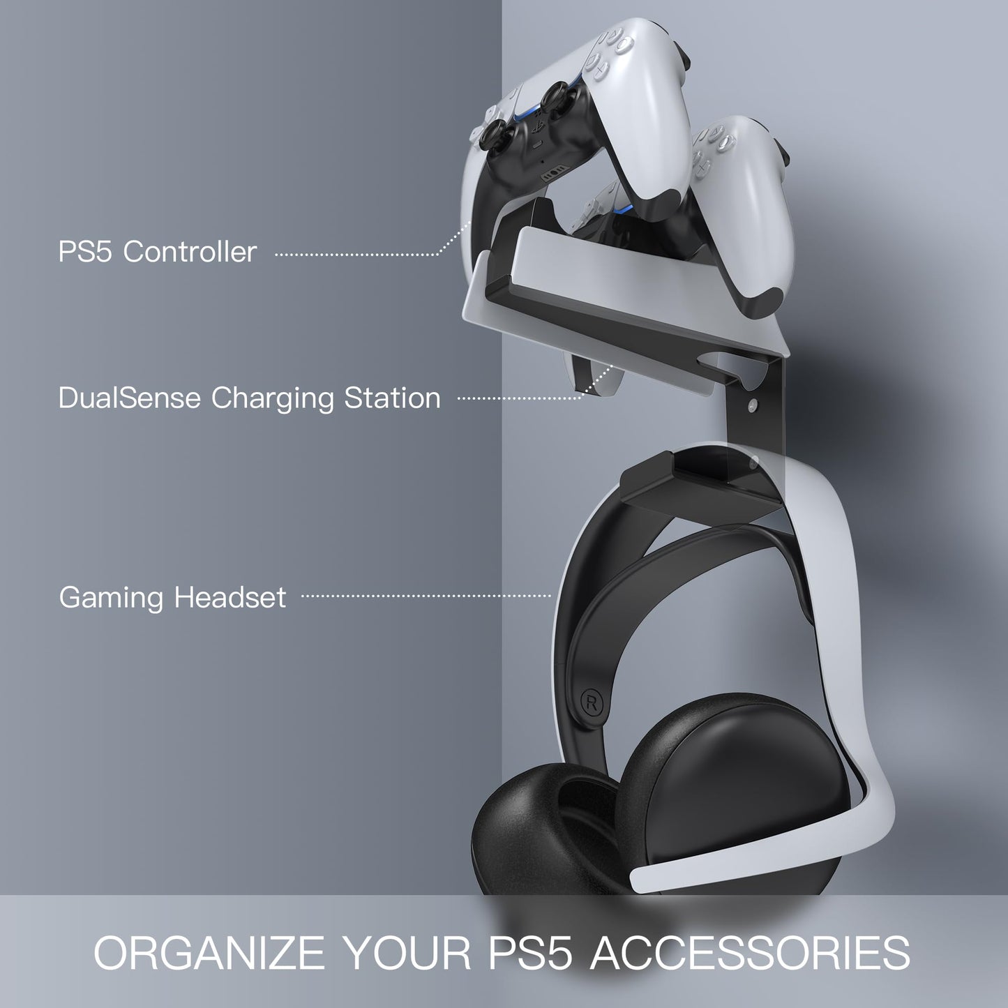 JUSPRO Metal Wall Mount for PS5 DualSense Charging Station - Sturdy Space-Saving Dock Bracket with Headphone Hanger Compatible with PlayStation 5 Controllers