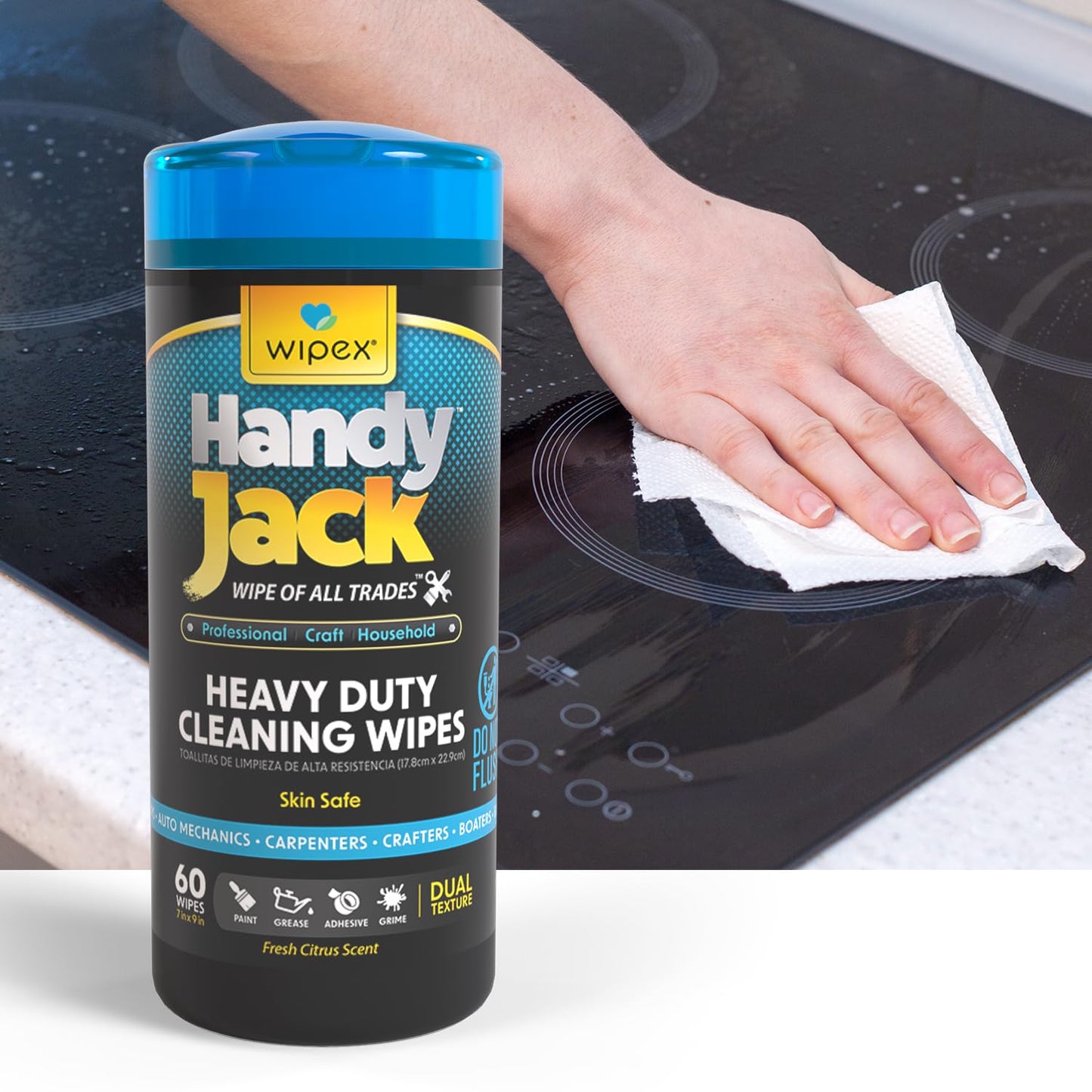 Wipex Handy Jack Heavy Duty Wipes, Dual Texture Cleaning Cloth – Used for Hands, Equipment, Tools, Garden, Automotive, Easily Removes Paint, Oil, Grease, & Dirt, 60 Count (Pack of 3)