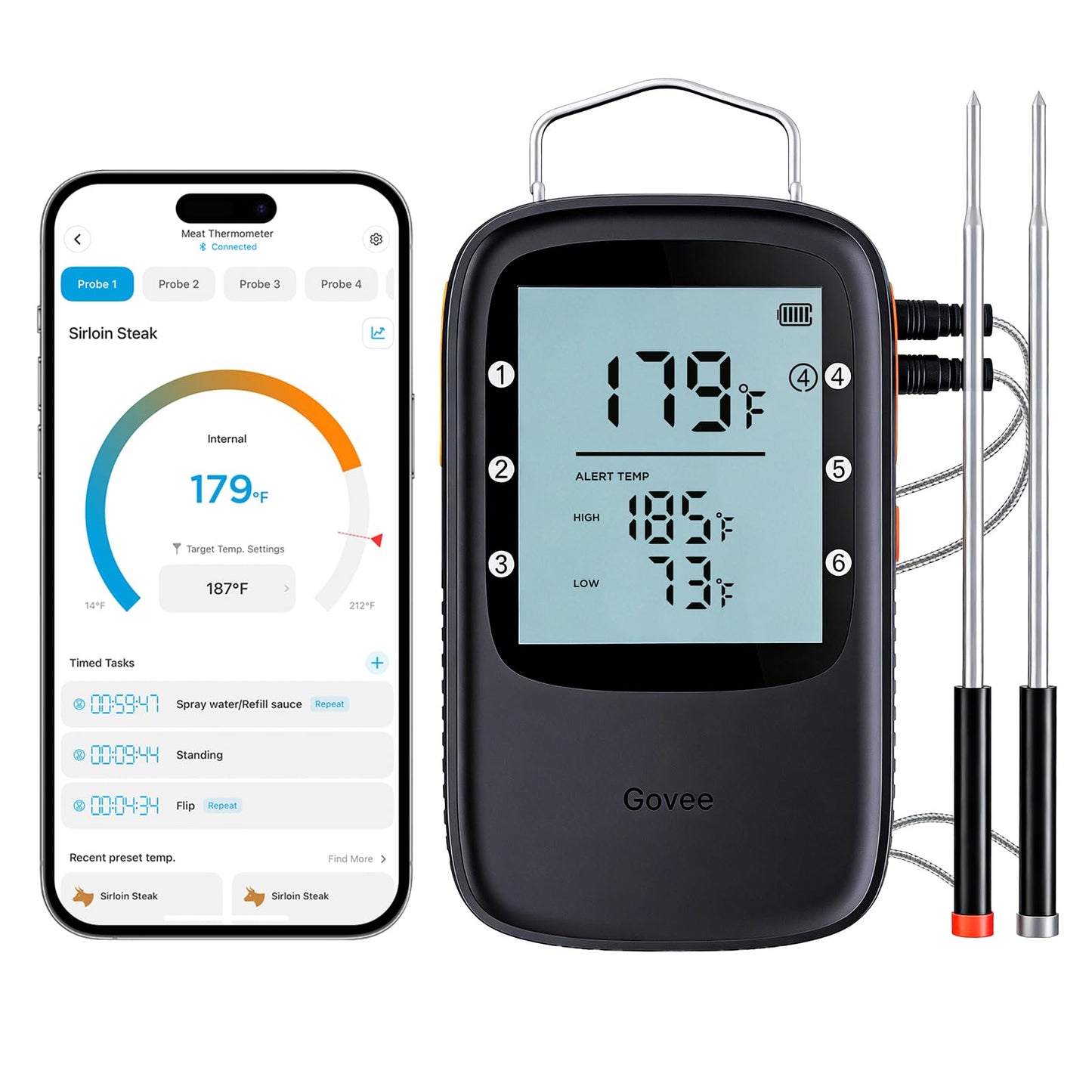 Govee Bluetooth Meat Thermometer Digital, Wireless Meat Thermometer for Smoker Grill, Oven Thermometer with 2 Probes, Timer & Alerts, Smart LCD Backlight BBQ Thermometer for Cooking Turkey Fish Beef