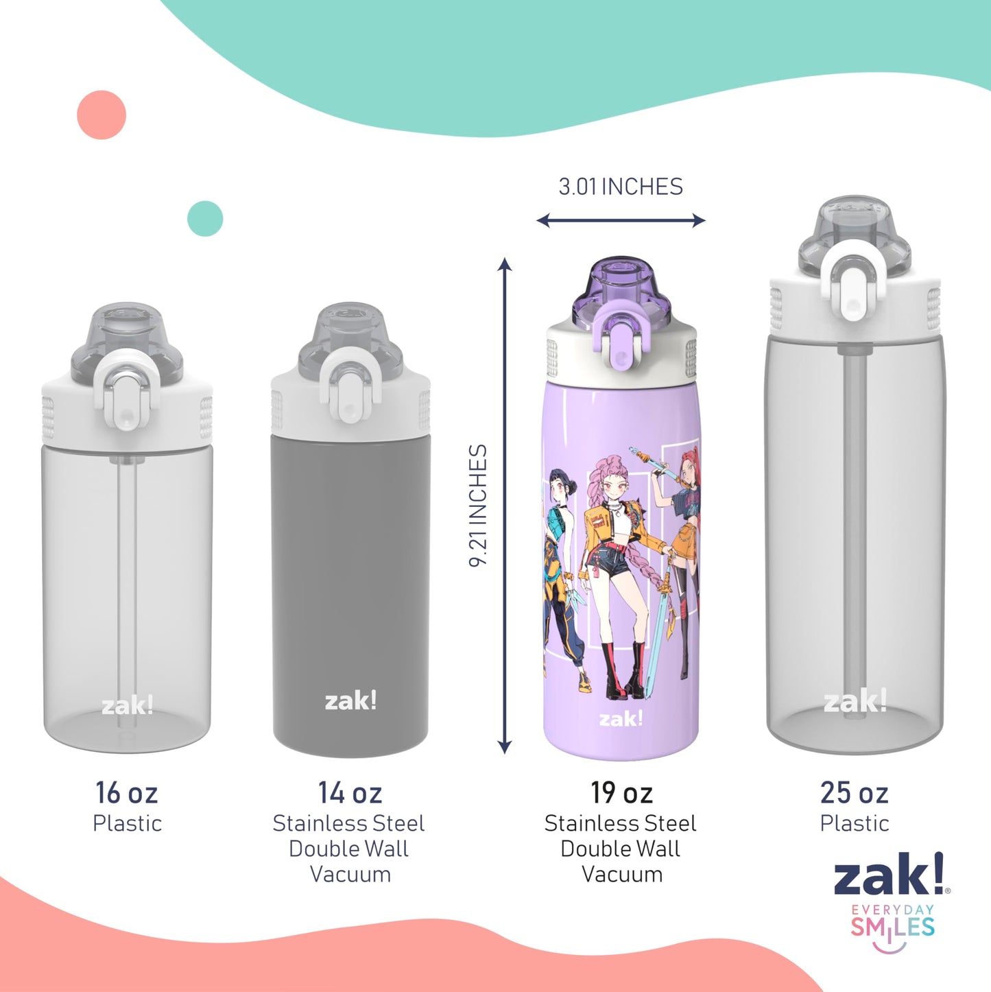 Zak Designs Kpop Demon Hunters Sage Kids Water Bottle for School or Travel, 19oz Stainless Steel Water Bottle with Straw, Handle, and Leak-Proof, Pop-Up Spout Cover (Rumi, Mira, Zoey)