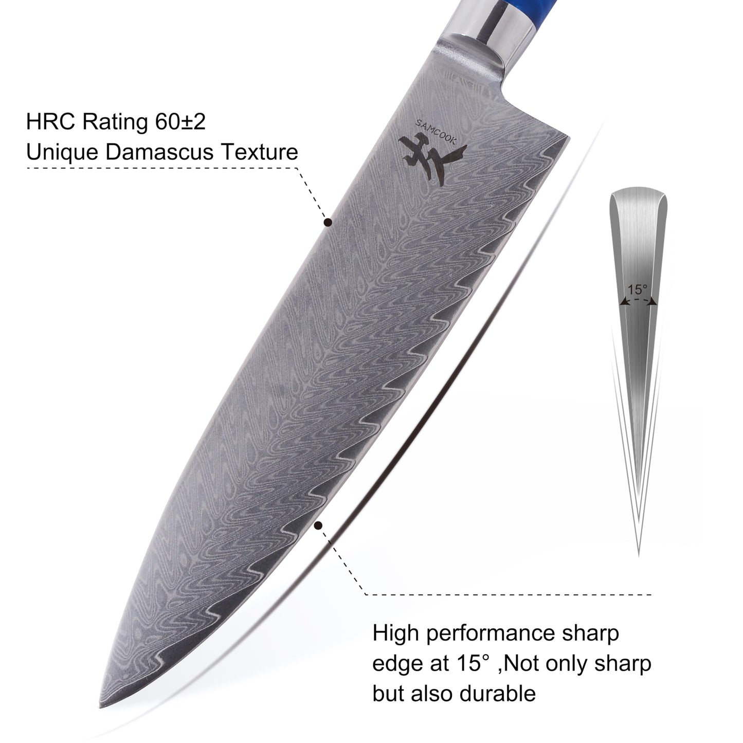 SAMCOOK Damascus Chef Knife - 8 Inch Professional Sharp Gyuto Knife - Japanese VG-10 High Carbon Stainless Steel Kitchen Cooking Knife - Ergonomic Blue Resin Wood Handle with Gift Box