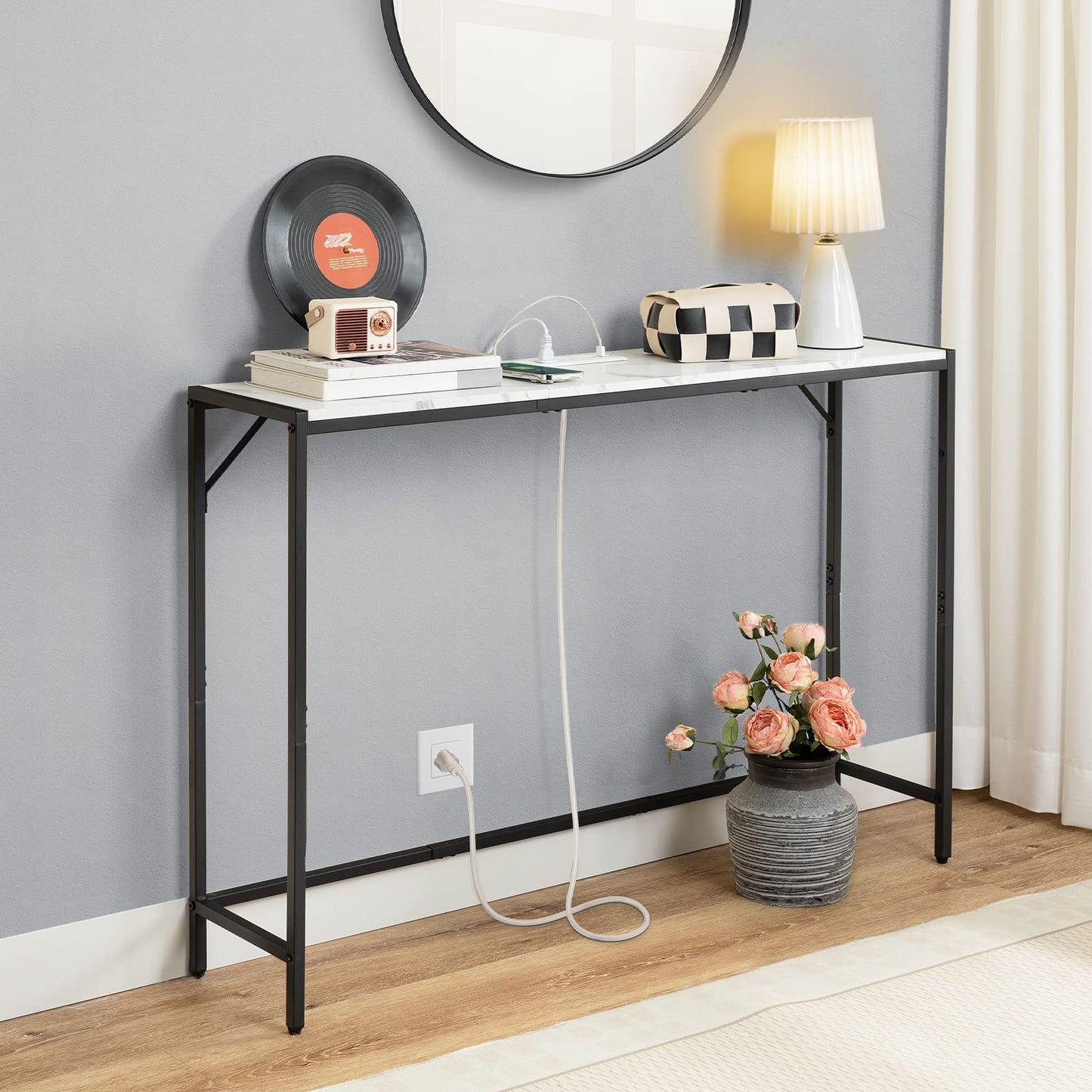 MAHANCRIS 110 cm Console Table, 43.3” Narrow Sofa Table, Entrance Table with Power Station, Behind Couch Table, for Living Room, Hallway, Entryway, Foyer, Marble and Black CTHM112E01