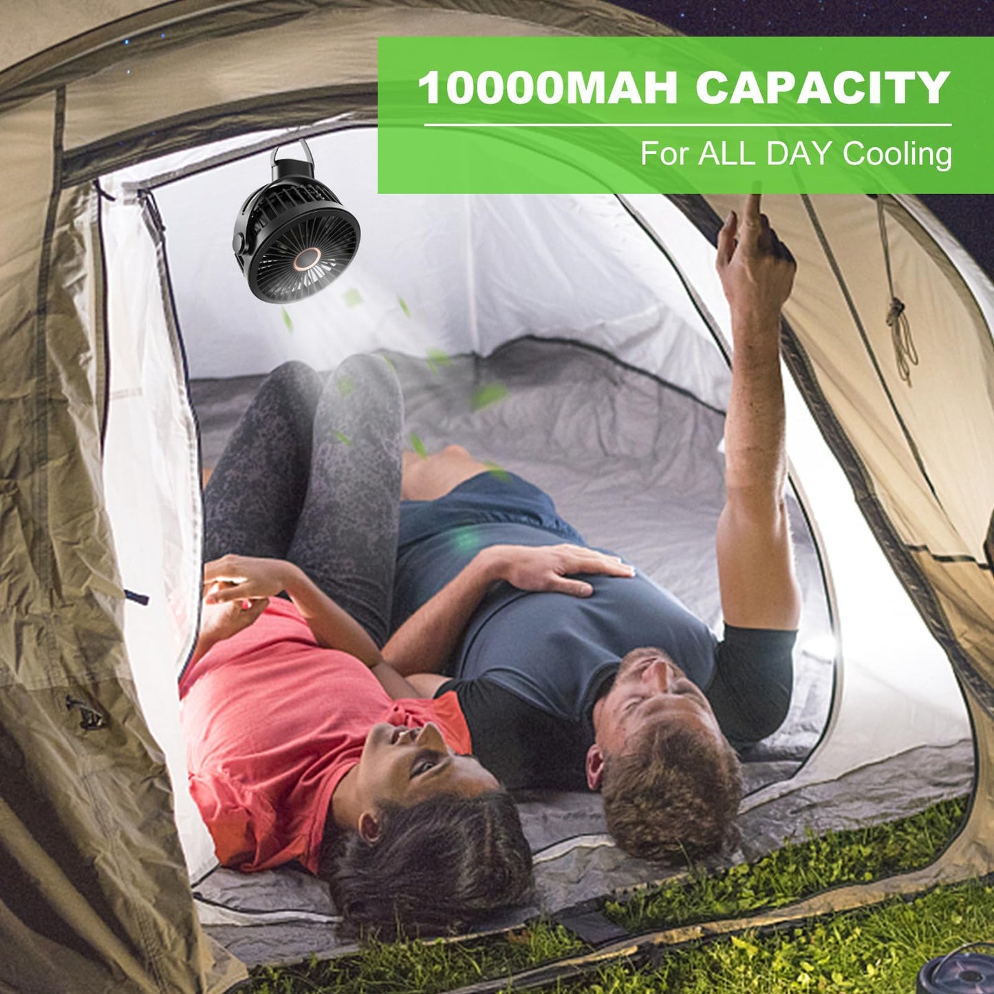 Odoland 10000mAh Camping Fan with Hanging Hook, Rechargeable Outdoor Small Tent Fan, Portable Quiet Battery Powered Operated USB Desk Fan for Camping, Hiking, Picnic and Travel