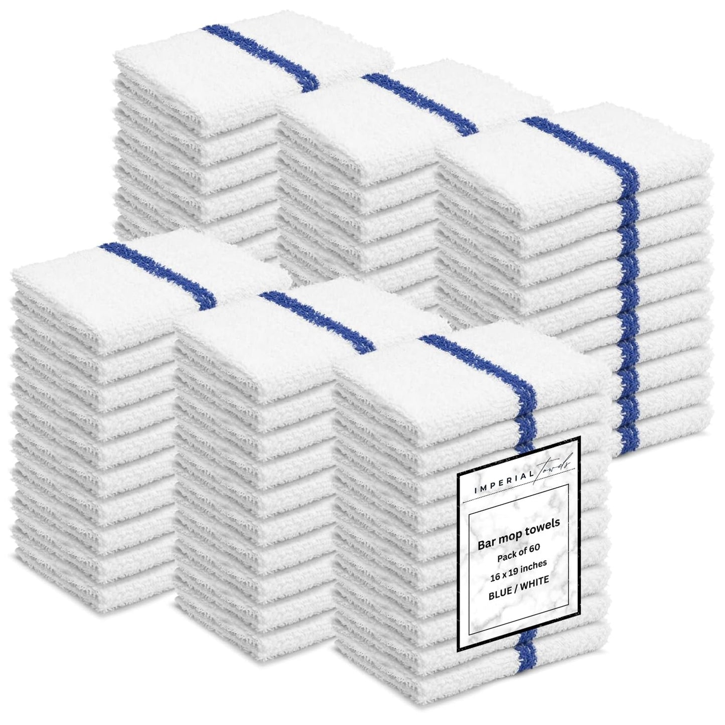 Bar Mops Blue Stripe Pack of 60 Kitchen Towels 16x19 Multi-Purpose for Home, Restaurant and Cleaning White Absorbent Washcloth Dishcloths Sets, Reusable Dish, Cloths Rags