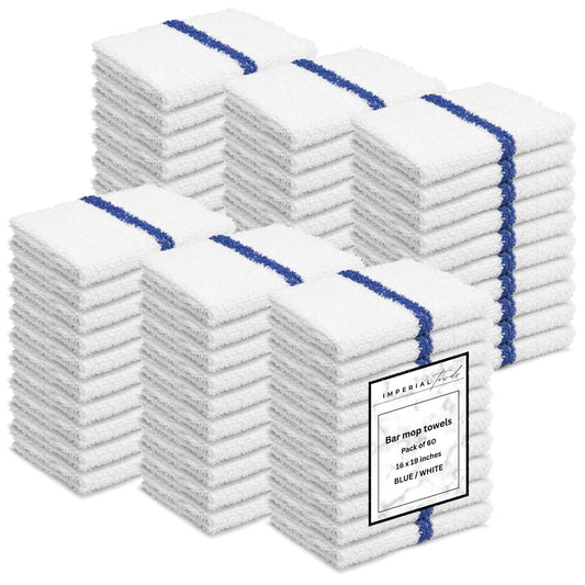 Bar Mops Blue Stripe Pack of 60 Kitchen Towels 16x19 Multi-Purpose for Home, Restaurant and Cleaning White Absorbent Washcloth Dishcloths Sets, Reusable Dish, Cloths Rags