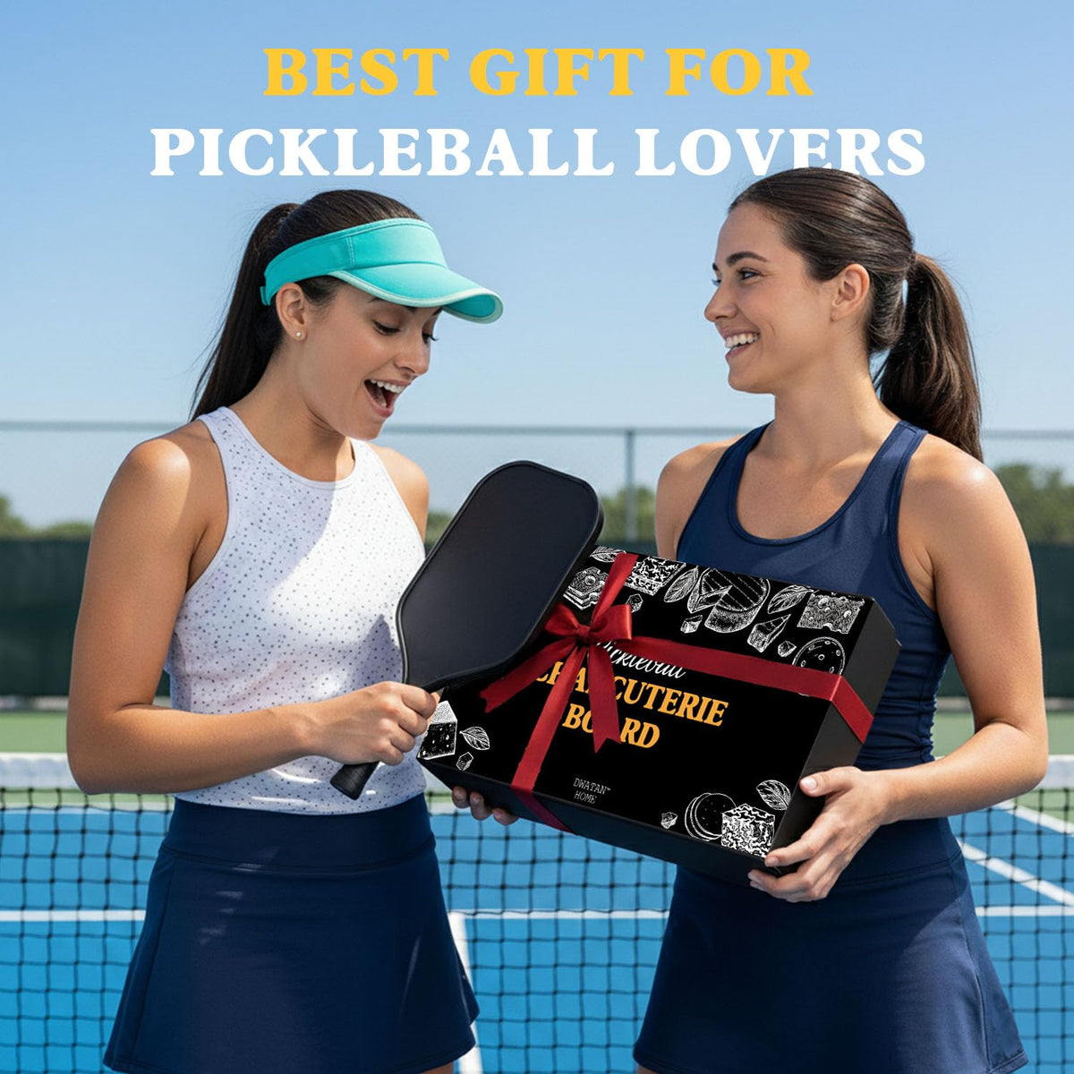 DWATAN Pickleball Paddle Snack Tray Set, Ceramic Serving Plate with Charcuterie Cutting Board, Unique Valentine's Day Pickleball Gifts for Women and Men