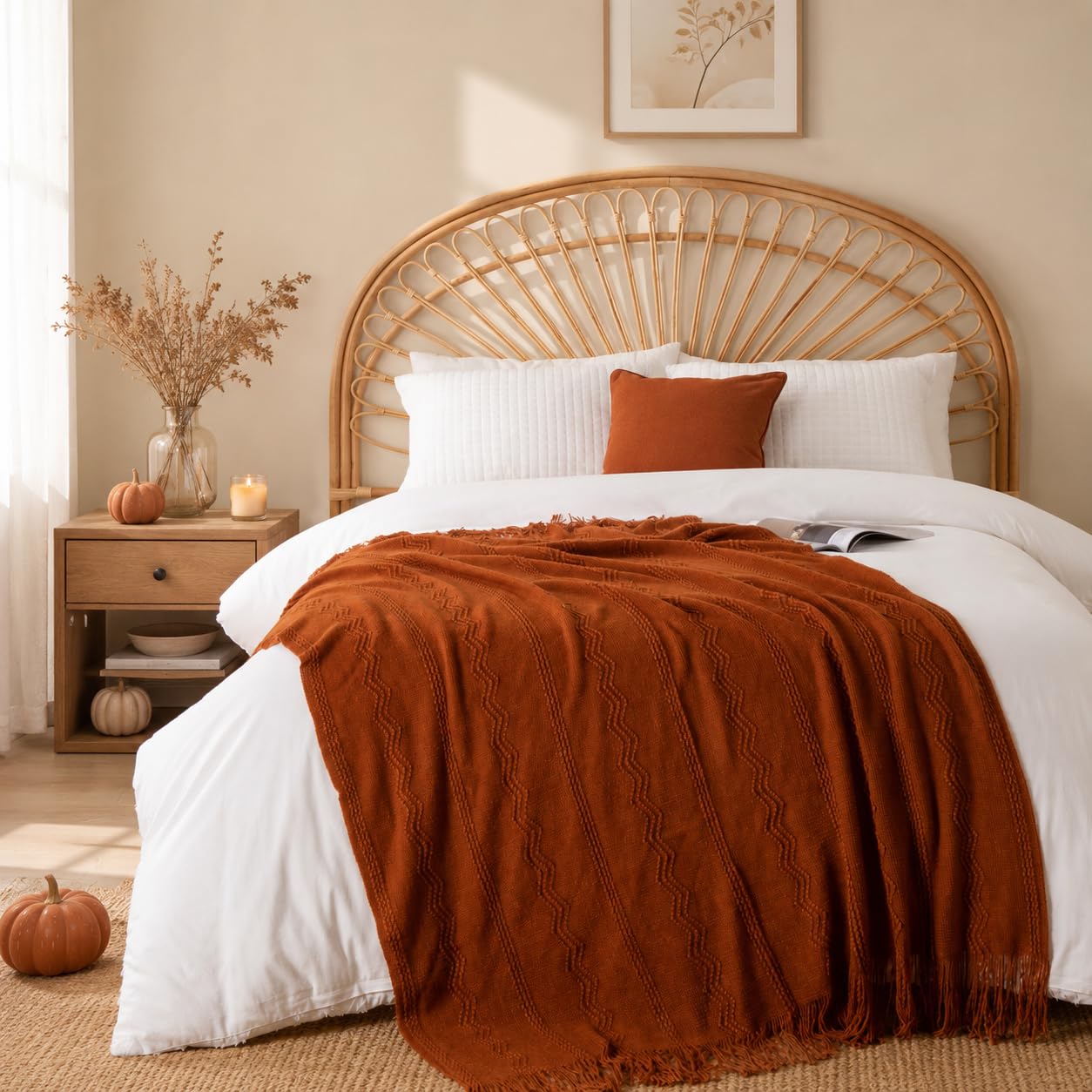 BATTILO HOME Caramel Throw Blanket with Fringe Geometric Bed Throws Spring Decorative Large Throw for Couch Sofa Indoor Outdoor (Caramel, 50 inch x60 inch )