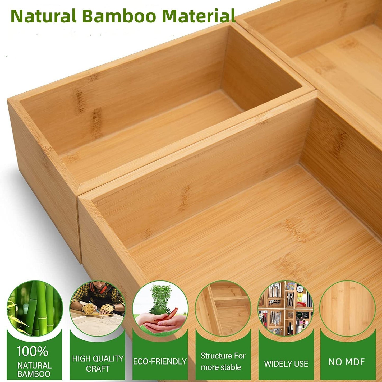 ROLiGHTiC 8 Pcs Bamboo Drawer Organizer Utensil Tray Kitchen Storage Box 4-Size Multi-Use Dividers Cutlery Holders Bins Containers for Kitchen, Bathroom, Office Desk, Makeup, Jewelry, Dresser, Pantry