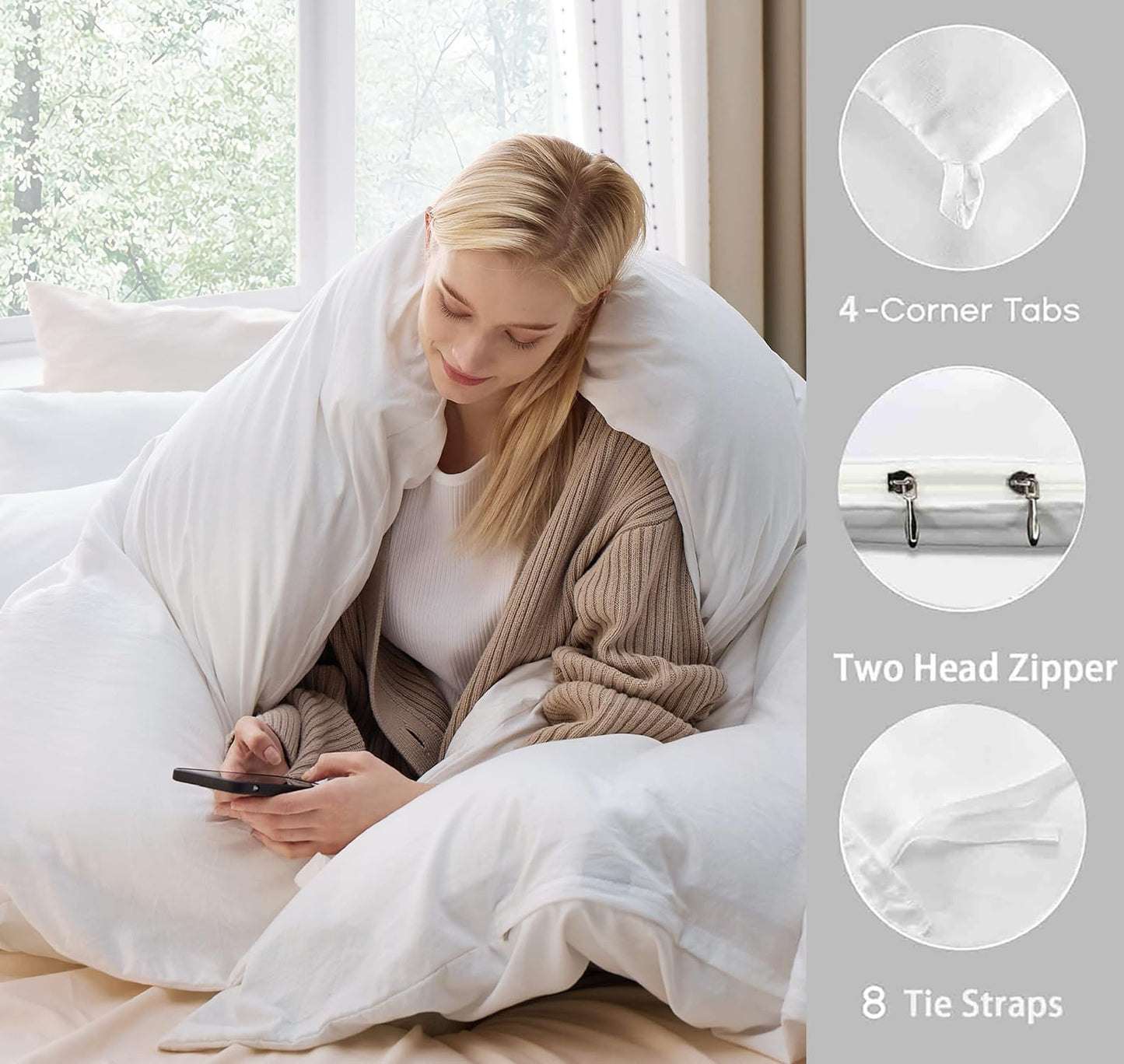 Duvet Protector Waterproof Breathable Reusable White IncontinenceProtector Duvet Cover Double Zipper Protective Multi-use for Babies, Adults and Pets. (White,Queen)
