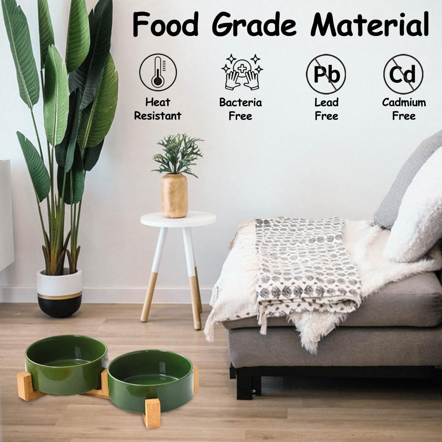 Petygooing Dog Bowls,Ceramic Cat Dog Dish Set with Wood Stand for Food Water,Non-Slip Weighted Cute Modern Pet Feeder for Cat & Small Medium Dogs(28OZ/6.1) Rust Green