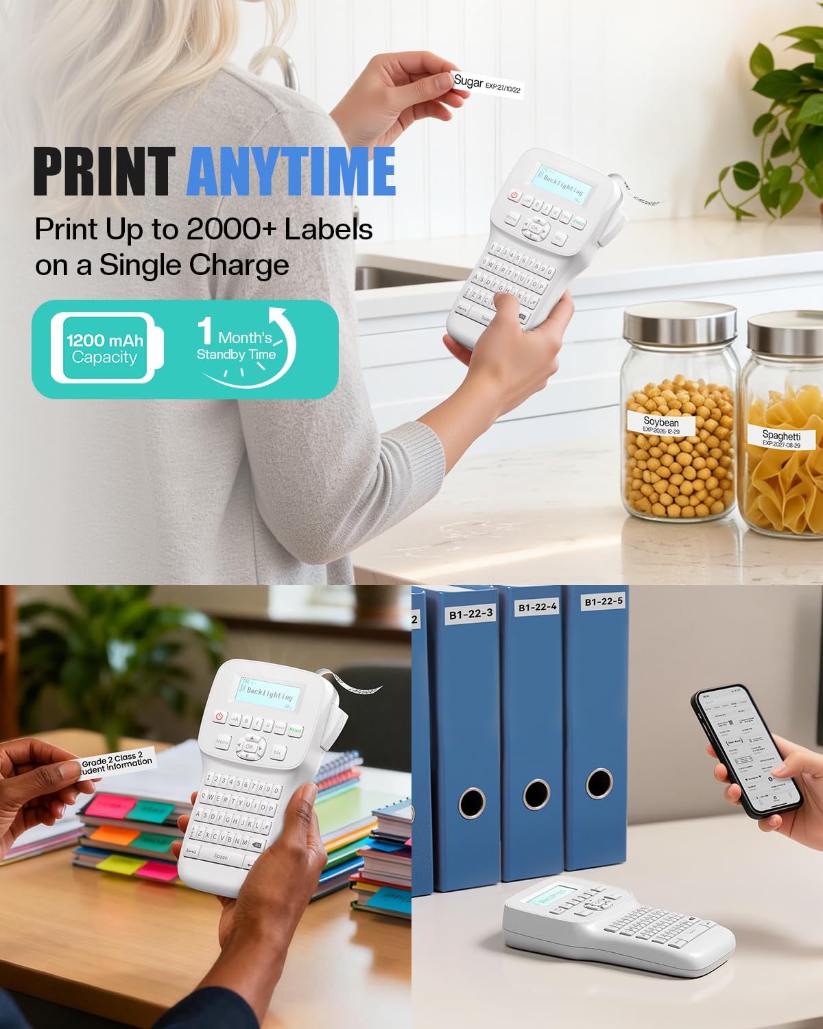Handheld Label Maker Machine with-Tape Waterproof, Rechargeable Bluetooth Labeler with QWERTY Keyboard, Wire Cable Label Maker with Backlit LCD Screen, Ideal for Home Office School Organization