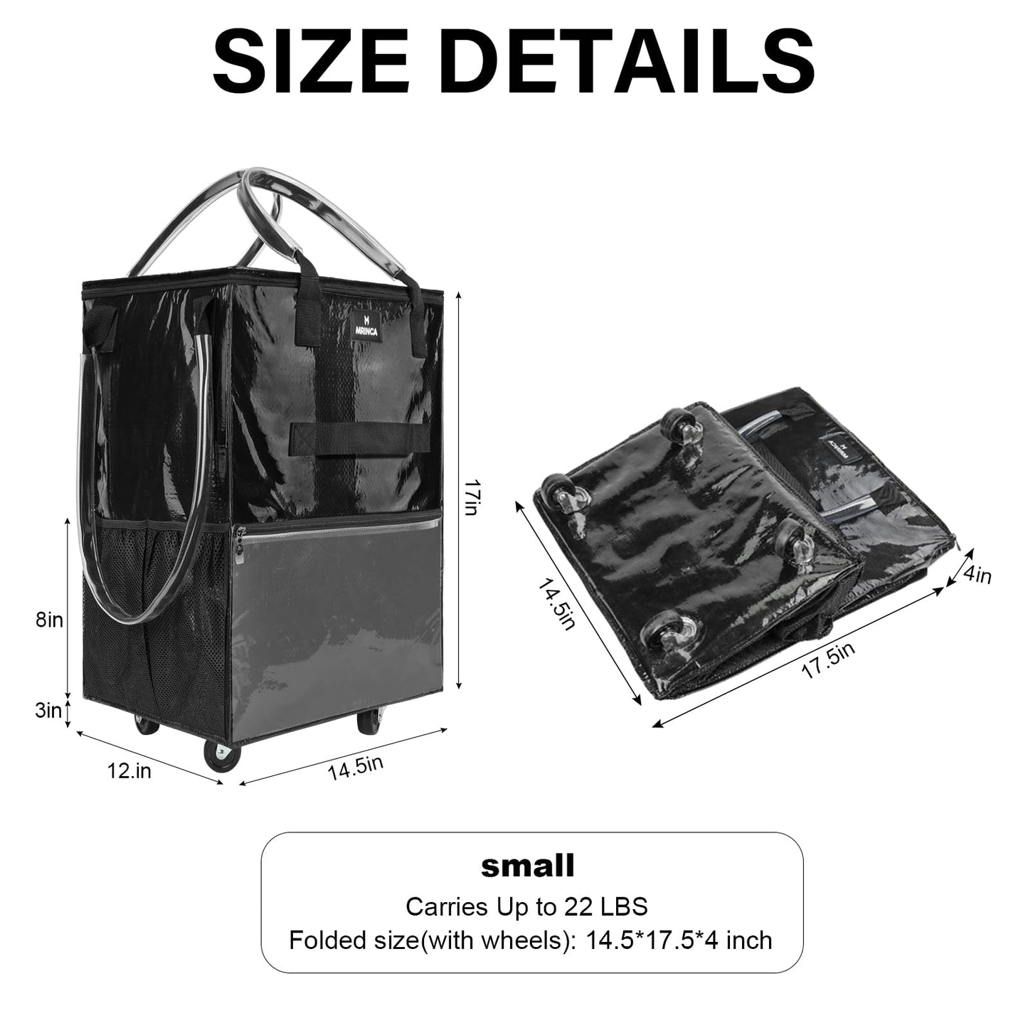 Foldable Shopping Cart with Wheels, Waterproof PP Grocery Tote Bag with 6 Pockets, Zippered Top, 4 Wheels and Heavy Duty Handles, Lightweight, Carries Up to 22 LBS, Small, Black