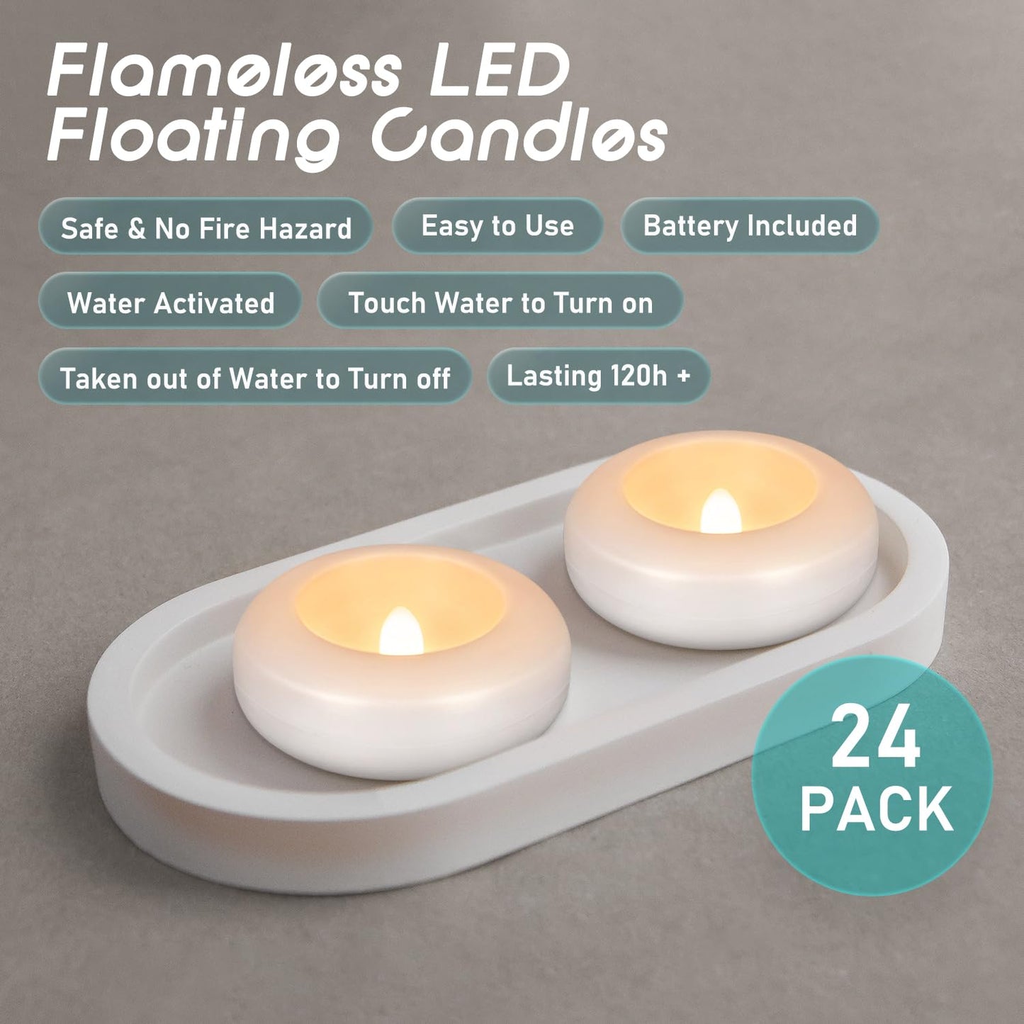 24 Pack 3”Floating Candles Water-Activated Flameless LED Candle, 120 Hour White Battery Operate Waterproof Tealights for Cylinder Vases, Centerpieces at Wedding, Party, Pool,Romantic,Christmas Gift.