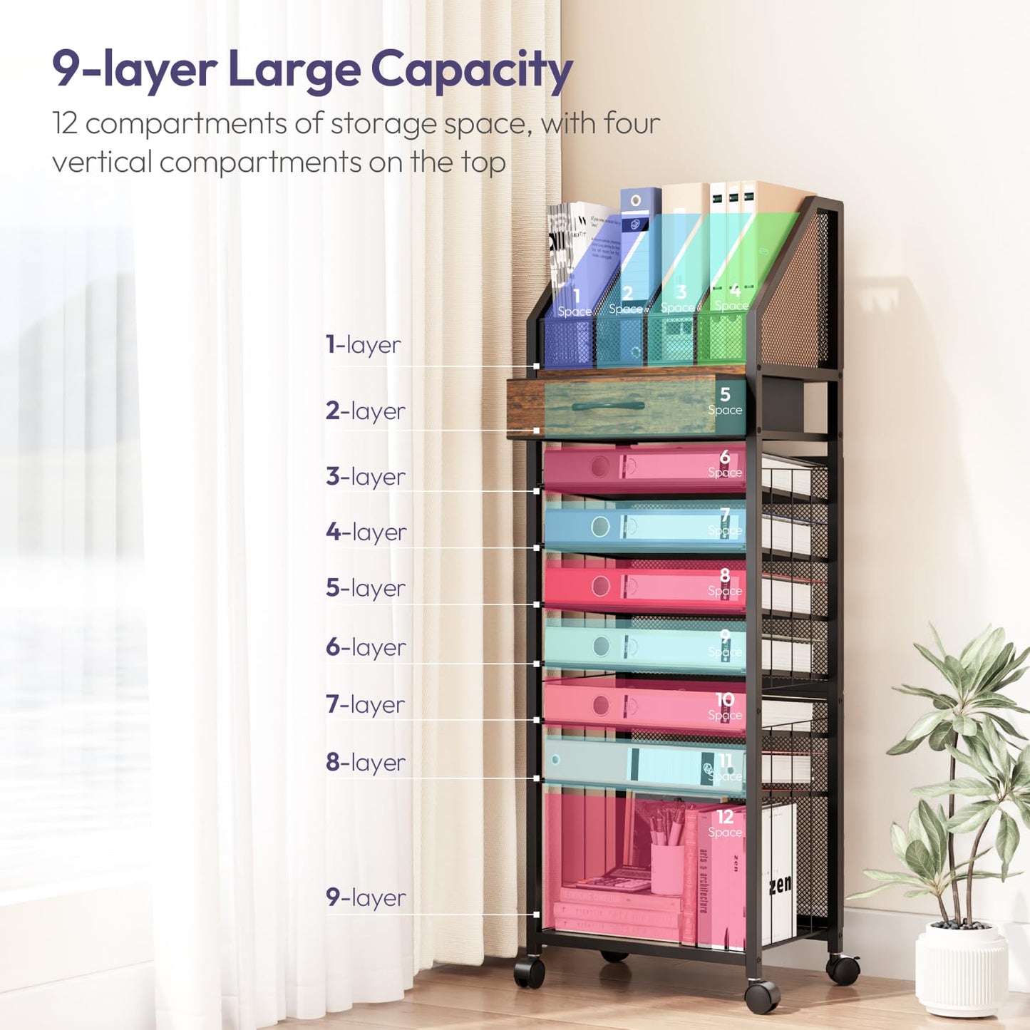 SWTYMIKI Rolling Cart Storage Organizer - 9-Tier Utility Cart with Drawer and Trays, Wood Office Desk Organizer, Office Organization and Binder Storage for Workspace, Home, School, Espresso