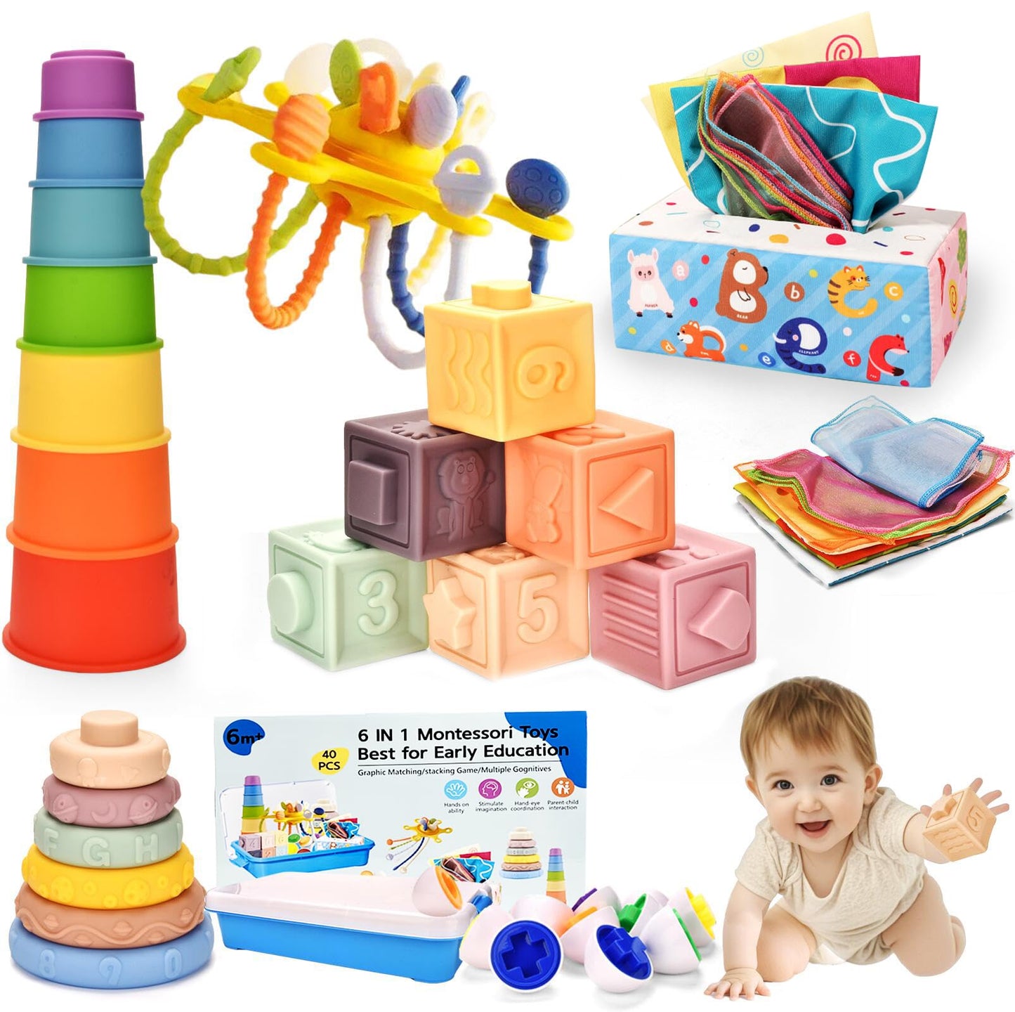 Montessori Baby Toy for 6 to12 Months,6 in 1 Montessori Sensory Toys for 1 Year Old,Baby Stacking Building Block Cups & Rings,Pull String Toy Magic Tissue Box for Toddlers 6-9-12 Months Boy Girl Gift