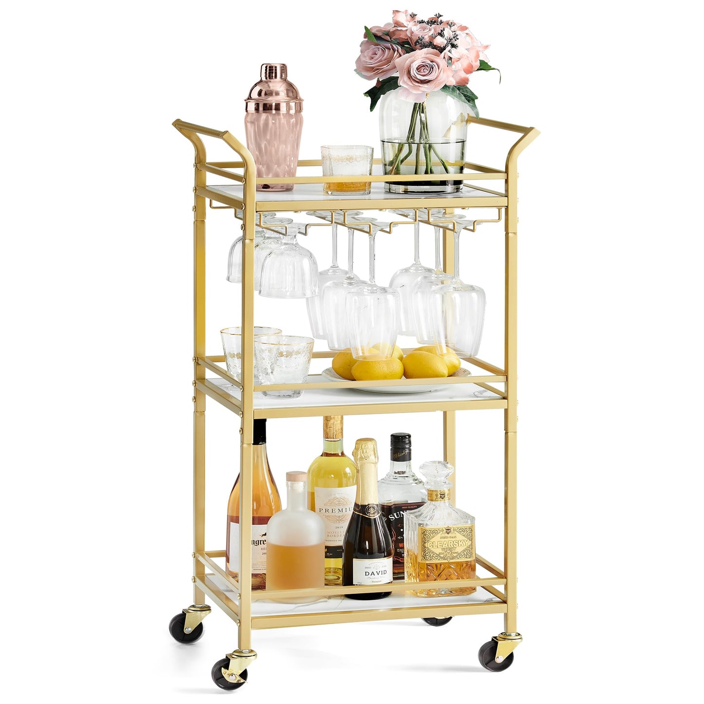 VASAGLE Bar Cart, Home Bar Serving Cart with 3 Tiers, Kitchen Shelf with Wine Rack, Glass Holders, for Small Spaces, Dining Room, Living Room, Pale Gold ULRC101A01