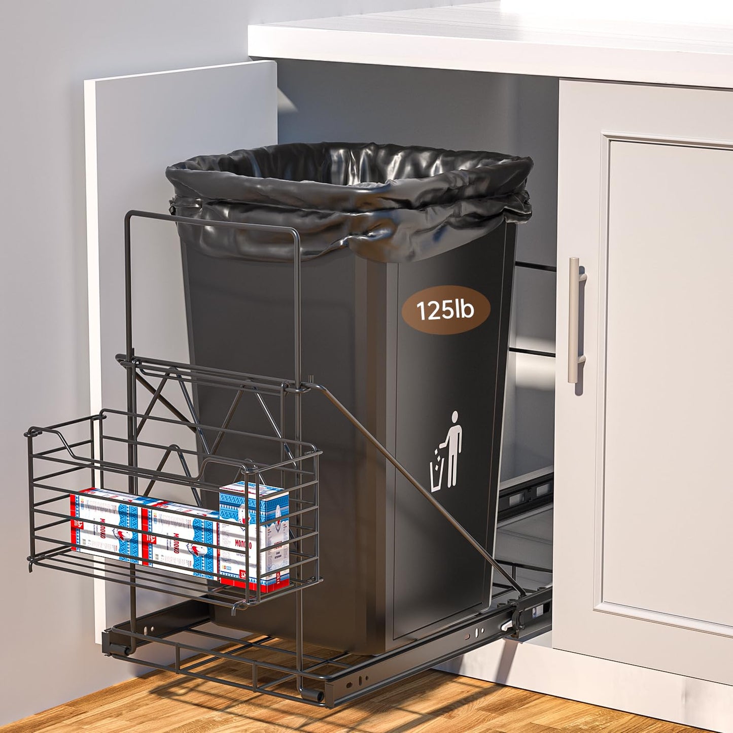 Cabinet Trash Can Pull Out Kit with Removable Garbage Bag Holder Under Sink Trash Can Pull Out Slider for 28–44 Quart Cans Up to 125 lb (Can Not Included) (Black)