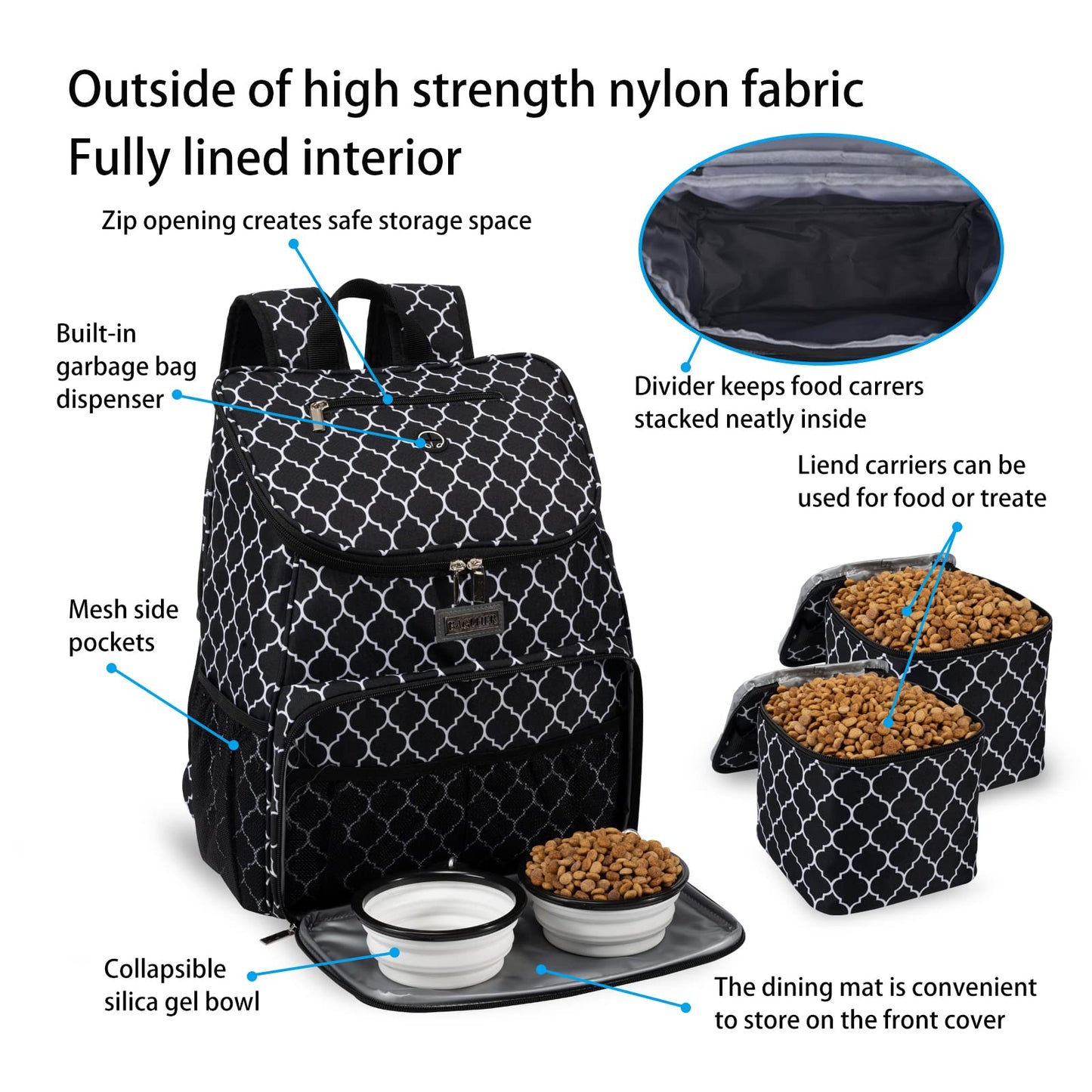 BAGLHER丨Dog Travel Bag, Airline Approved Pet Supplies Backpack, Dog Travel Backpack with 2 Silicone Collapsible Bowls and 2 Food Baskets