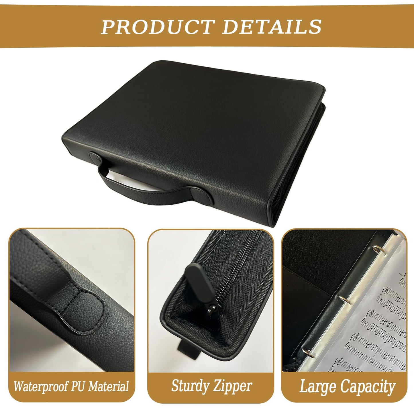 Sheet Music Folder with 40 Sheet, Choir Folder with Hand Strap, Music Folder 3 Ring for Choir Singer, Stage Performance, Musician -Black