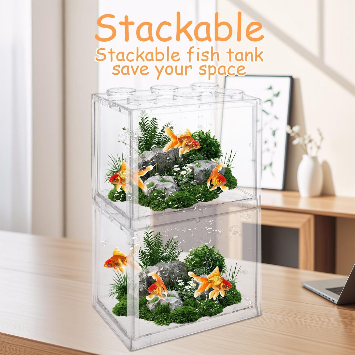 QTLCOHD 4 Pack Small Betta Fish Tank, 0.6 Gallon Mini Aquarium Tanks, Clear Stackable Fish Bowl, Acrylic Tiny Cube Tank for Beta Fish Sea Monkeys Shrimp Snails