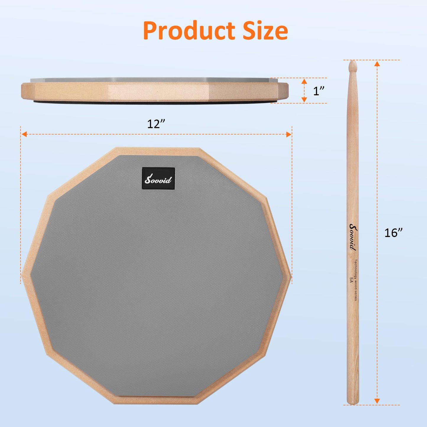 Sovvid 12 Inches Drum Pad and 5A Drum Sticks, Double Sided Snare Drum Practice Pad for Drummers, Silent Practice Drum Pad with Storage Bag - Gray