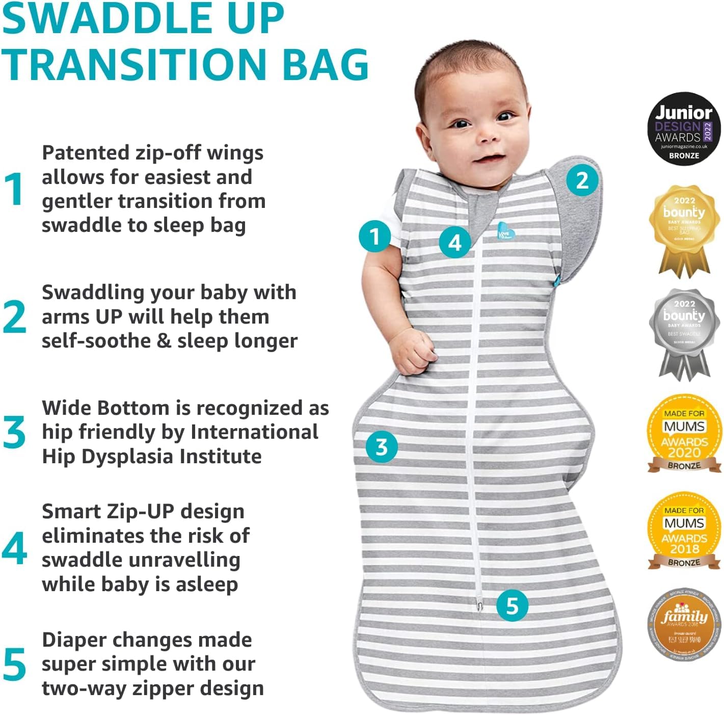 Love to Dream Swaddle UP Transition Bag Warm 2.5 TOG, Dreamer White, Medium, 13-19 lbs, Patented Zip-Off Wings, Gently Help Baby Safely Transition from Being Swaddled to Arms Free Before Rolling Over
