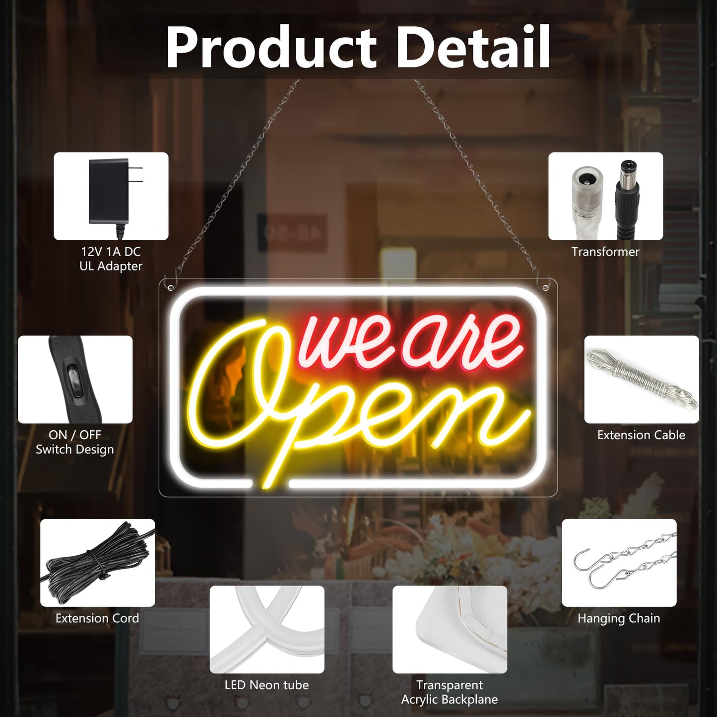 Neon We Are Open Signs for Business, 16.5''x 9'' Open Sign LED, Super Bright & Easy to Spot Open Neon Sign(Red&Yellow&Cool White), with ON/OFF Switch & Adapter, Ideal for Window, Party, Wall, Bars,
