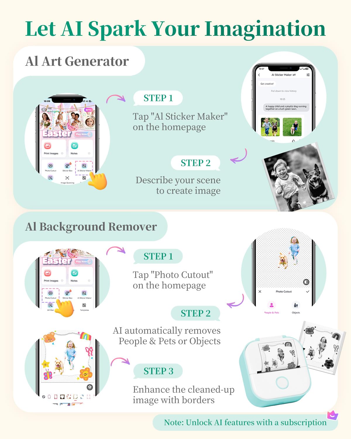 Memoking Mini Sticker Printer - T02 Portable Thermal Printer Inkless Photo Printer Bluetooth Sticker Maker for Kids Print Pods Instant Print, Smart AI APP, for Student Study Note, Journal, DIY, Gift