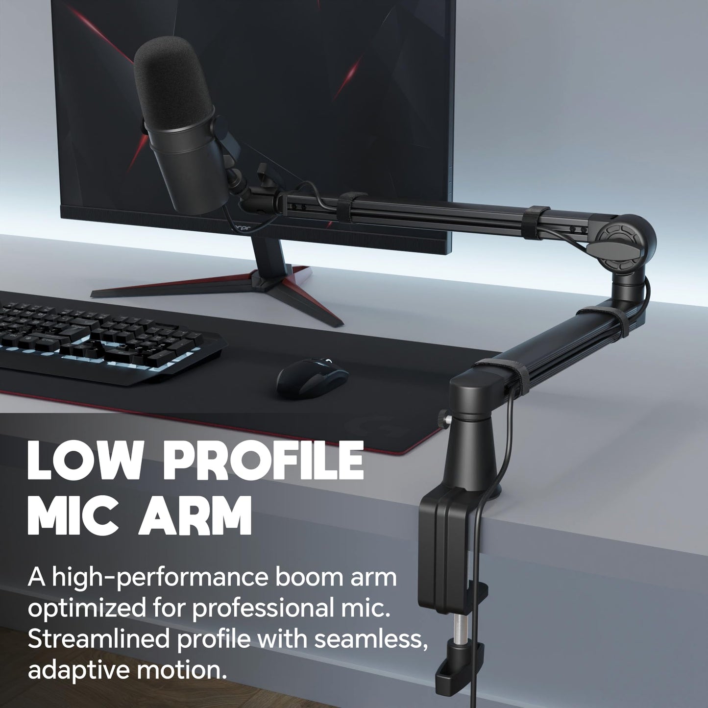 Low Profile Mic Arm, Microphone Boom Arm, Full Aluminum Adjustable Mic Stand with Desk Clamp, 360° Rotatable Heavy Duty Microphone Stand for Streaming, Podcasting, Recording
