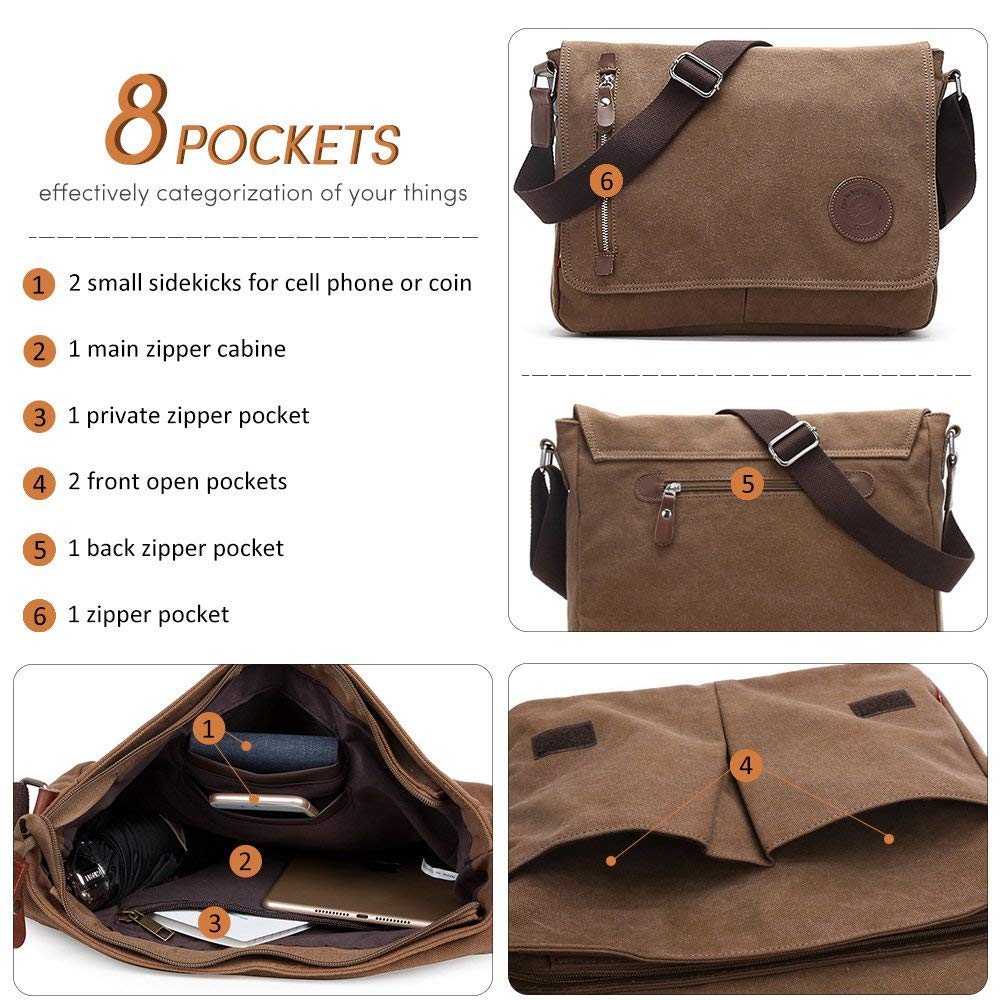 AUGUR Messenger Bag Canvas Casual Shoulder Sling Bag Satchel Messenger Bag for Men Women Work Office Laptop Bag - Coffee