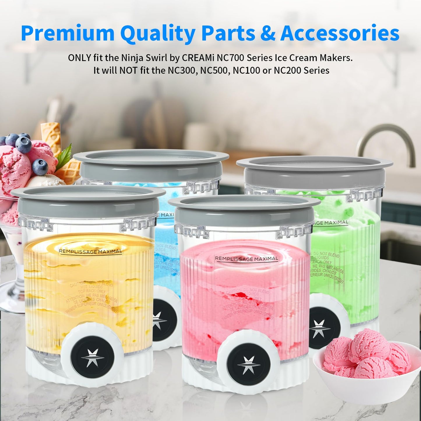 4 Pack Creami Pints and Lids for Ninja NC700 NC701 Series, Compatible with Ninja Swirl Ice Cream & Soft Serve Makers, BPA-Free & Dishwasher Safe, Replacement XSK7PNTLD2