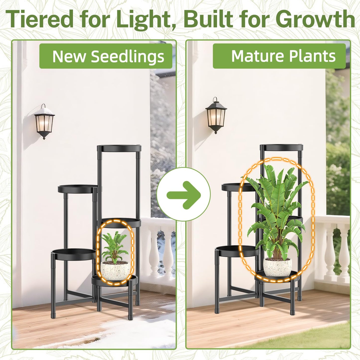 5 Tier Metal Plant Stand for Indoor Outdoor, iDavosic.ly Foldable Corner Tall Plant Shelf for Multiple Plants, Rustproof Flower Pot Holder Display Stand for Living Room Balcony Garden Patio (Black)