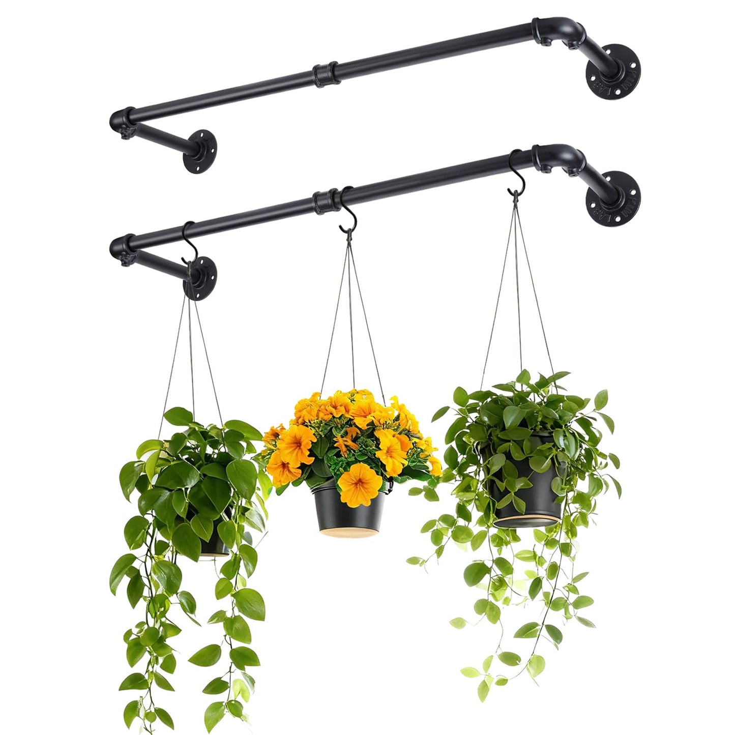 Plant Hanger Rod Indoor - Max. Load 44 lb Hanging Plant Bar, 34.2in Black Metal Holder Rod for Wall Ceiling Decor Shelves, 2 Pcs (Pot Chain & Plants Not Included)