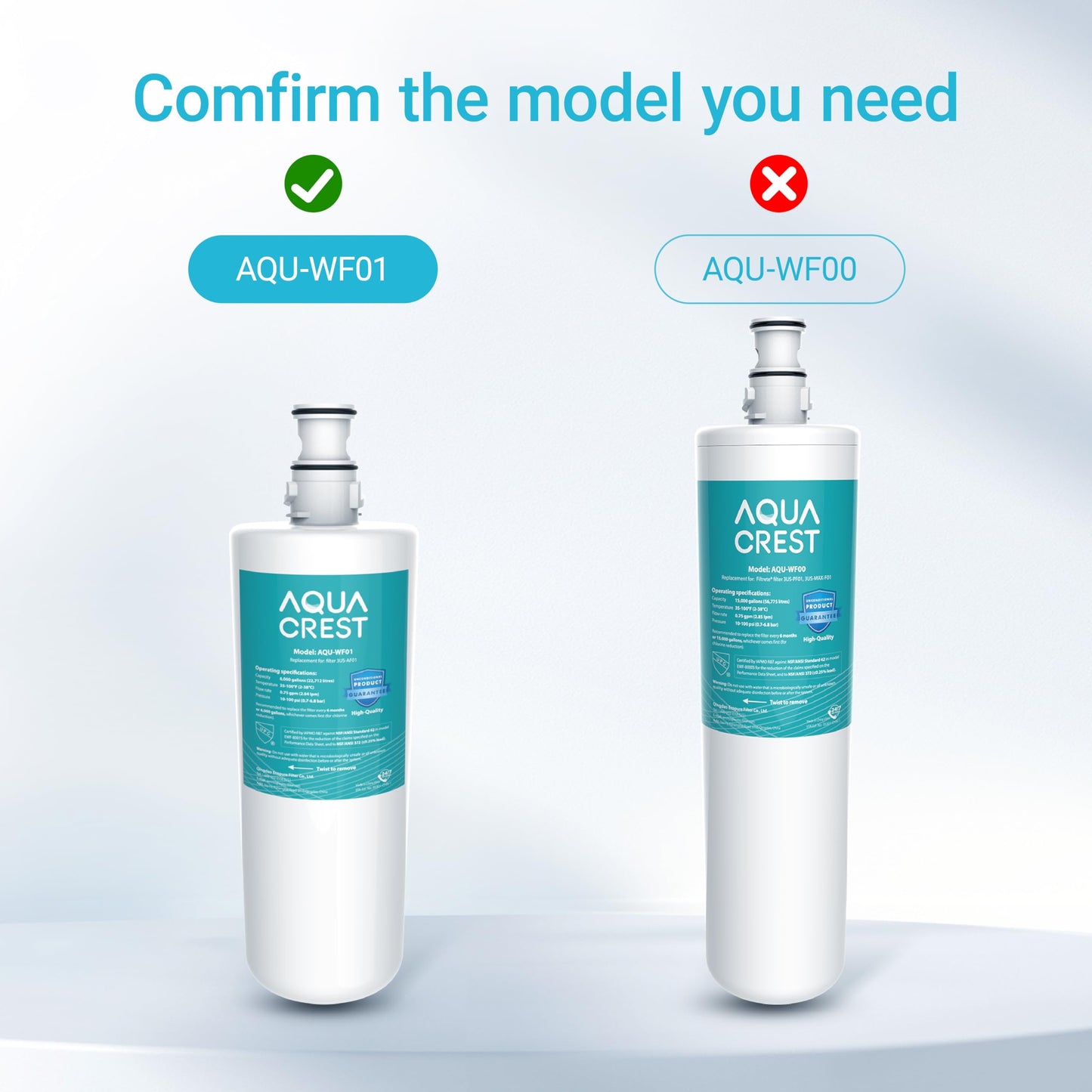 AQUACREST 3US-AF01, 3US-PF01 Under Sink Water Filter, Replacement for 3US-AF01, C-CS-FF, 3US-PF01, 3US-AS01, WHCF-SRC, WHCF-SUFC, WHCF-SUF, 3US-PS01, 3US-MAX-F01 (Pack of 2)