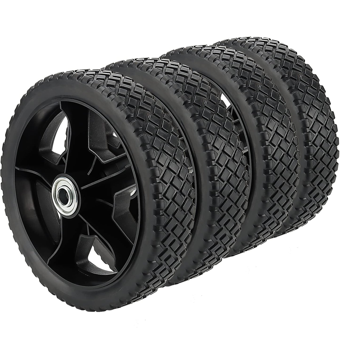 SINJEUN 4 Pcs Plastic Lawn Mower Wheel 8", Plastic Replacement Tires Spoked Tires for Hand Trucks, Push Lawn Mowers, Carts，1/2 Inch Bore