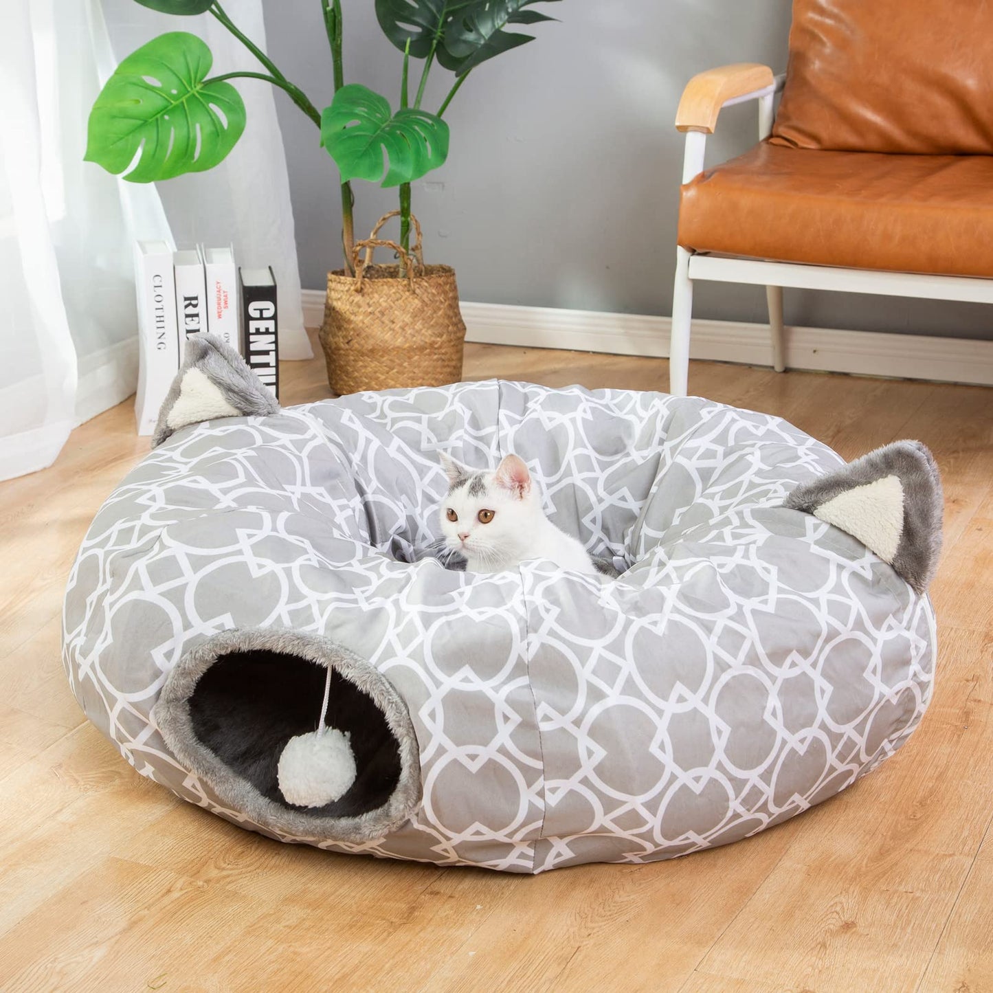 Cat Dog Tunnel Bed with Cushion Tube Toys Oxford Cloth Large Diameter Longer Crinkle Collapsible 3 Way for Cats Kittens Kitty Puppy Outdoor 6FT (Grey-White)