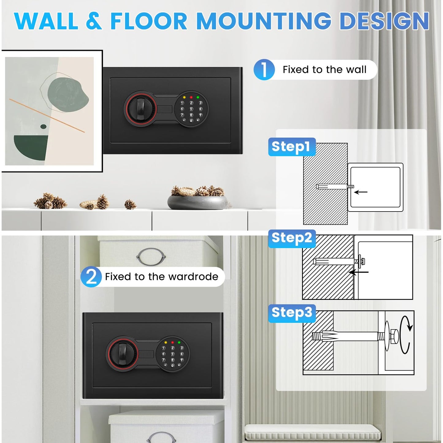 0.52 Cub Small Home Safe Box with LED Light, Dual Alarm System & Fireproof Waterproof Pouch, Digital Safe with Electronic Keypad, Override Keys, Bolt-Down Kit for Cash/Jewelry/Medicine
