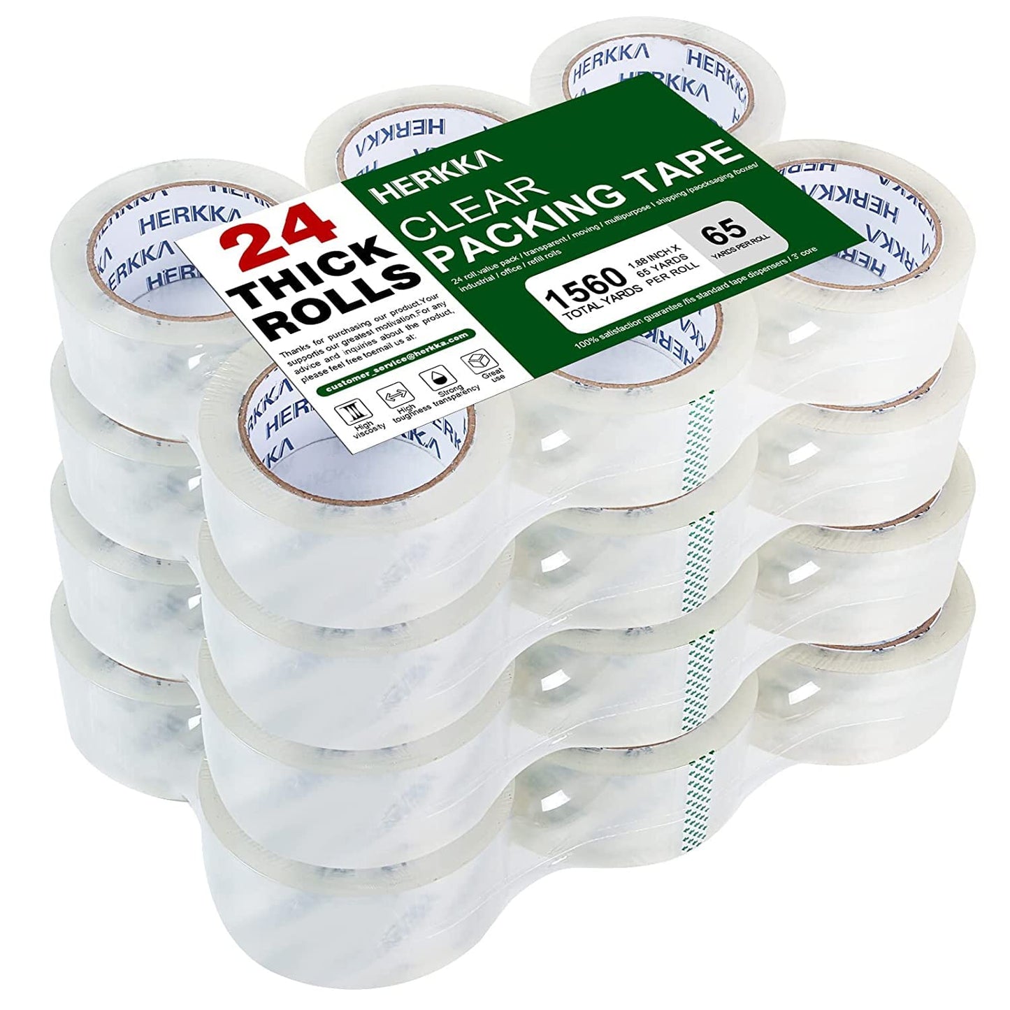 Clear Packing Tape, HERKKA 24 Rolls Heavy Duty Packaging Tape for Shipping Packaging Moving Sealing, Thicker Clear Packing Tape, 1.88 inches Wide, 65 Yards Per Roll, 1560 Total Yards