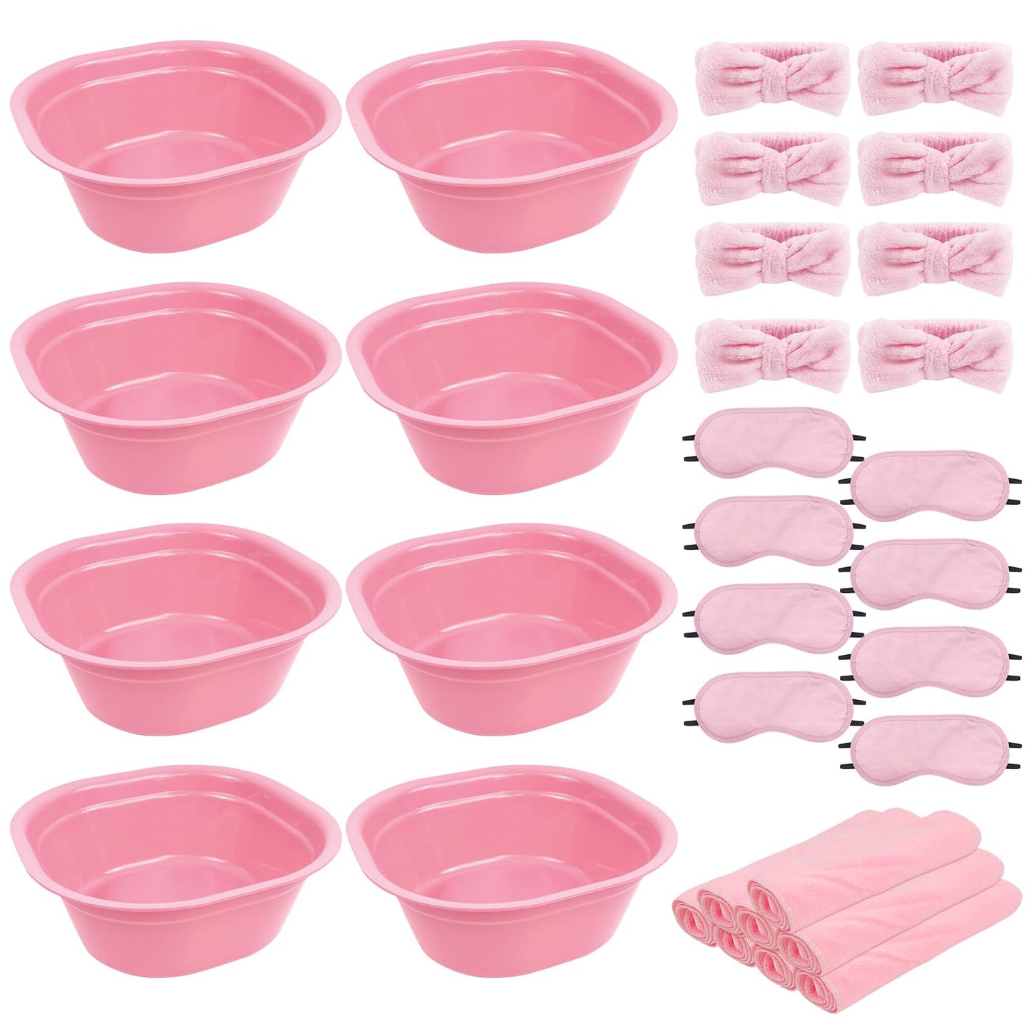 32 Pcs Foot Spa Kit for Kids, Light Pink 8 Foot Tubs for Soaking & 8 Towels & 8 Hairbands & 8 Eye Masks, Spa Party Supplies for Girls for Sleepovers Slumber Party
