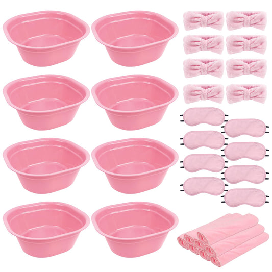 32 Pcs Foot Spa Kit for Kids, Light Pink 8 Foot Tubs for Soaking & 8 Towels & 8 Hairbands & 8 Eye Masks, Spa Party Supplies for Girls for Sleepovers Slumber Party